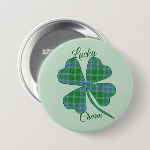 Lucky Green Plaid Shamrock Four-Leaf Clover  3 Inch Round Button