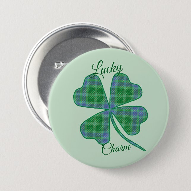Lucky Green Plaid Shamrock Four-Leaf Clover  3 Inch Round Button (Front & Back)