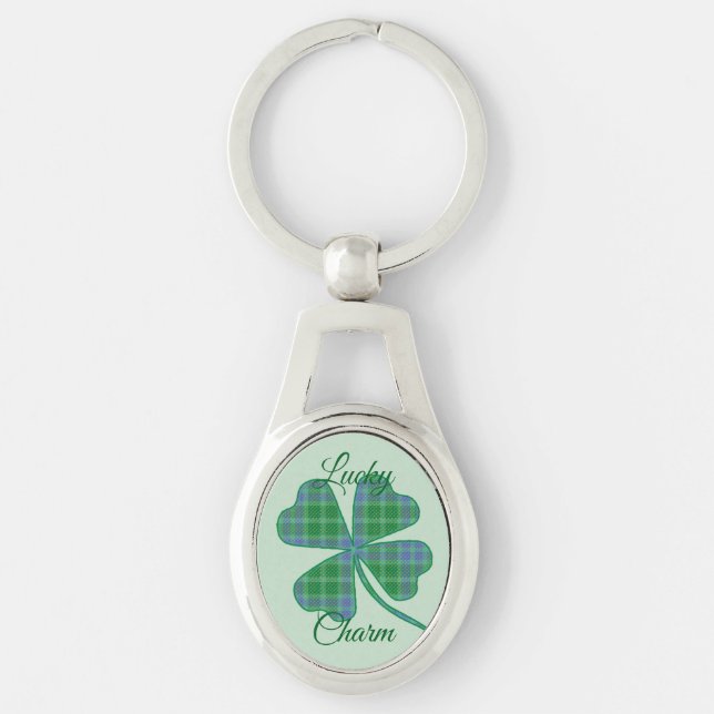 Lucky Green Plaid Shamrock Four-Leaf Clover  Keychain (Front)