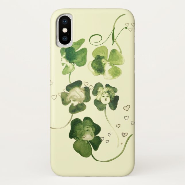 LUCKY GREEN SHAMROCK LADIES WITH HEARTS MONOGRAM Case-Mate iPhone CASE (Back)
