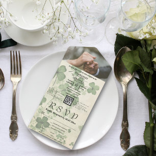 Lucky Green Shamrock on Cream QR Code Photo All In One Invitation