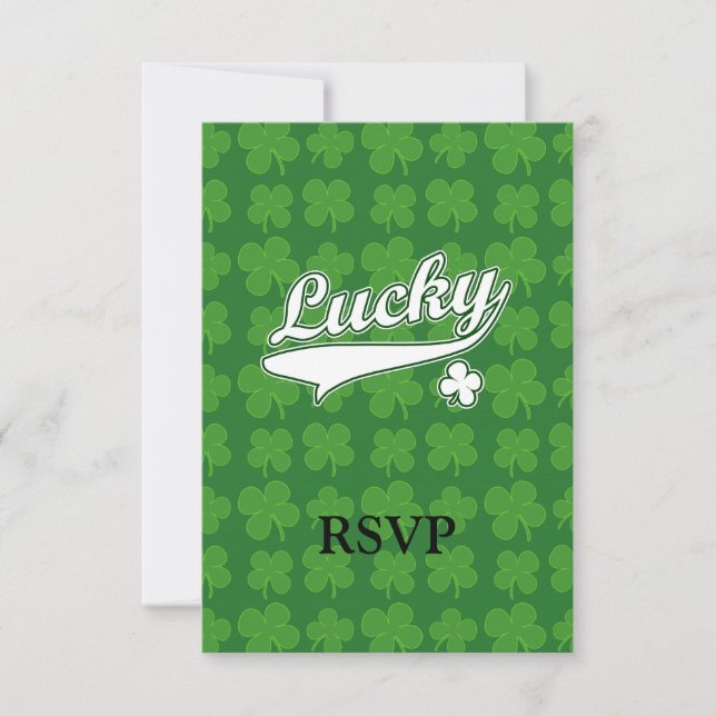 Lucky, Green/White 4 Leaf Clover RSVP Card (Front)