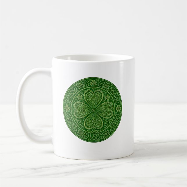 Lucky Harmony: Celtic Four-Leaf Mandala Coffee Mug (Left)