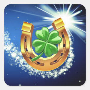 Lucky horseshoe 4 leaf clover shooting star blue square sticker