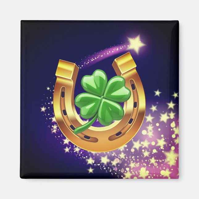 Lucky horseshoe 4 leaf clover shooting star purpl  magnet (Front)