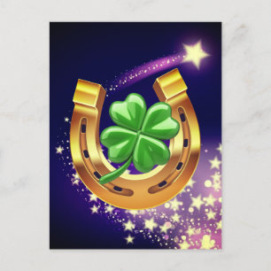 Lucky horseshoe 4 leaf clover shooting star purple postcard