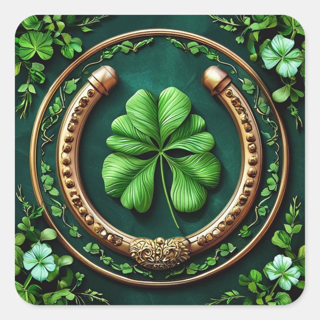 Lucky Horseshoe and Clover Design Square Sticker (Front)