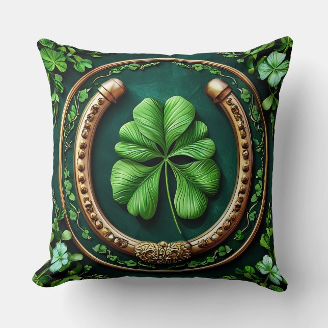 Lucky Horseshoe and Clover Design Throw Pillow (Front)