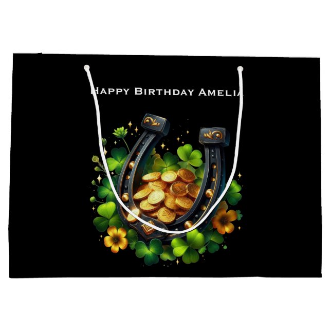 Lucky Horseshoe and Gold Coins Birthday Large Gift Bag (Back)