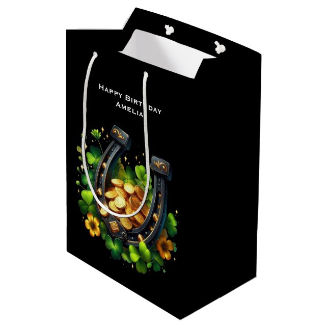 Lucky Horseshoe and Gold Coins Birthday Medium Gift Bag (Back Angled)