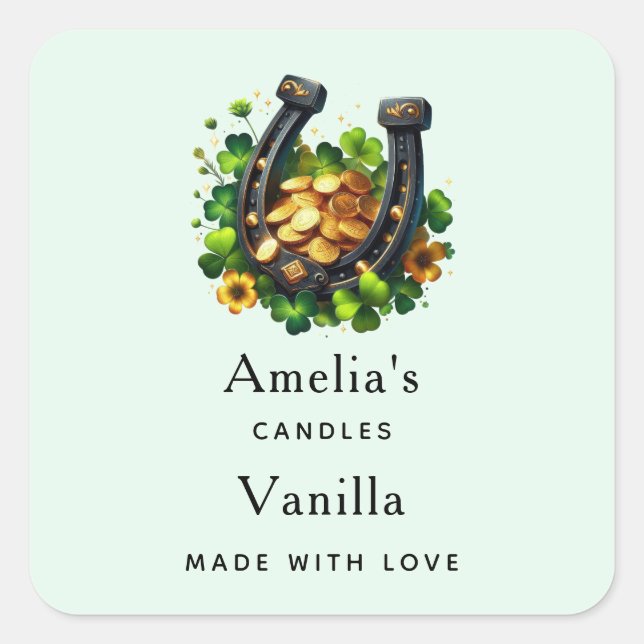  Lucky Horseshoe and Gold Coins Candle Business Square Sticker (Front)