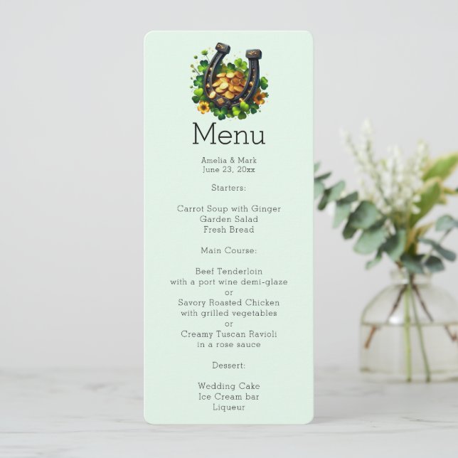 Lucky Horseshoe and Gold Coins Menu Invitation (Standing Front)