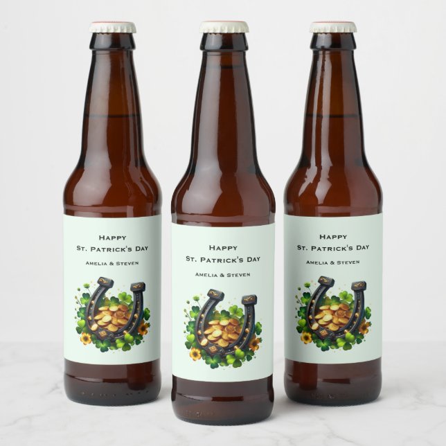 Lucky Horseshoe and Gold Coins St. Patrick's Day Beer Bottle Label (Bottles)