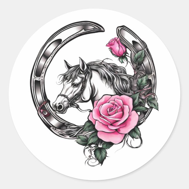 Lucky Horseshoe and Pink Roses  Classic Round Sticker (Front)