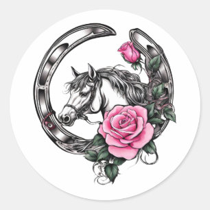 Lucky Horseshoe and Pink Roses Classic Round Sticker