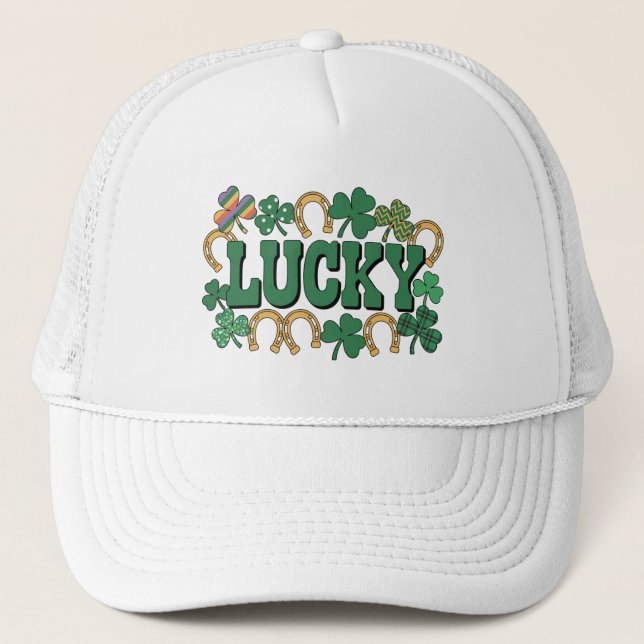 Lucky Horseshoe and shamrocks Trucker Hat (Front)