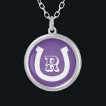 Lucky horseshoe charm logo custom monogram silver plated necklace<br><div class="desc">Lucky horseshoe charm logo custom monogram Silver Plated Necklace gift. Personalize with text,  lucky number,  name initials or monogram. Purple and white or custom colours. Great for farmer,  rancher,  horse rider,  horse lover etc.</div>