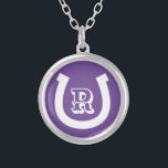 Lucky horseshoe charm logo custom monogram silver plated necklace<br><div class="desc">Lucky horseshoe charm logo custom monogram Silver Plated Necklace gift. Personalize with text,  lucky number,  name initials or monogram. Purple and white or custom colours. Great for farmer,  rancher,  horse rider,  horse lover etc.</div>