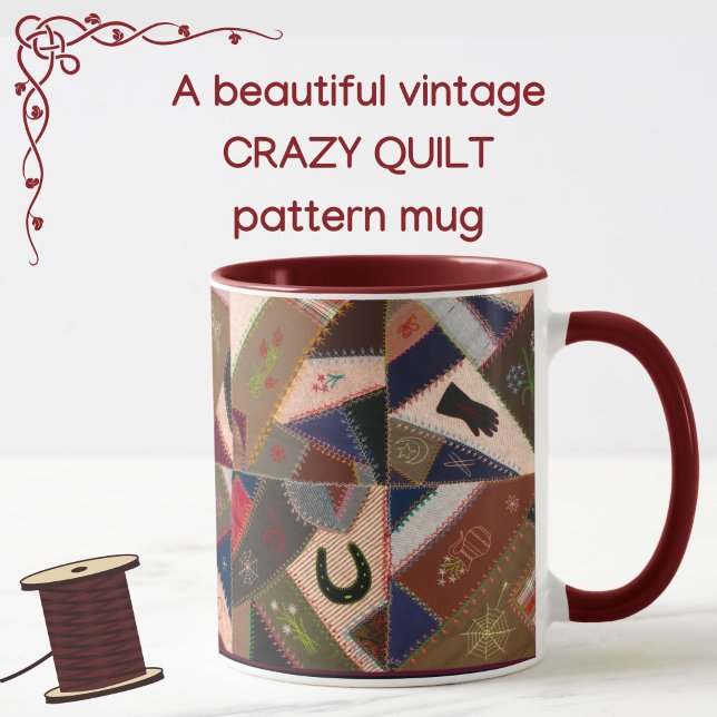 Lucky Horseshoe Colorful Patchwork Crazy Quilt Mug (A colorful vintage patchwork crazy quilt pattern mug! Choice of handle/interior colors available.)