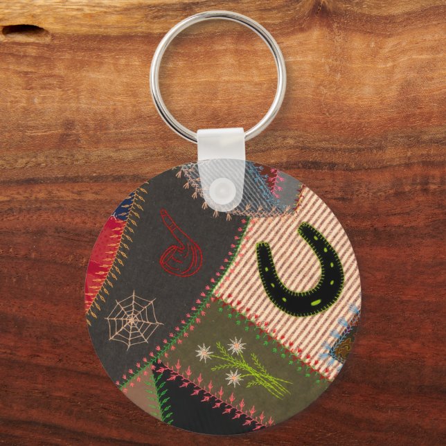 Lucky Horseshoe Colourful Patchwork Crazy Quilt Keychain (Front)