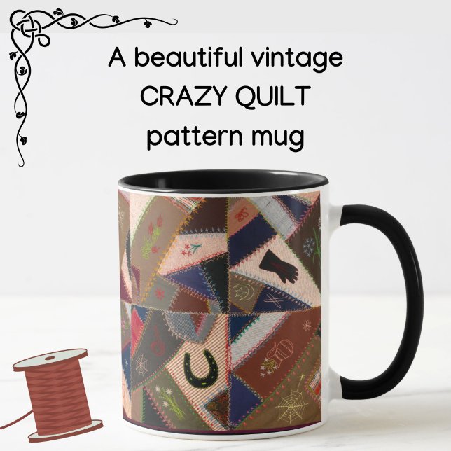 Lucky Horseshoe Colourful Patchwork Crazy Quilt Mu Mug (A colorful vintage patchwork crazy quilt pattern mug! Choice of handle/interior colors available.)