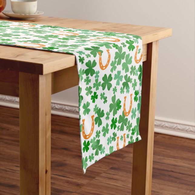 Lucky Horseshoe Four Leaf Clover St Patrick's Day Short Table Runner (In Situ)