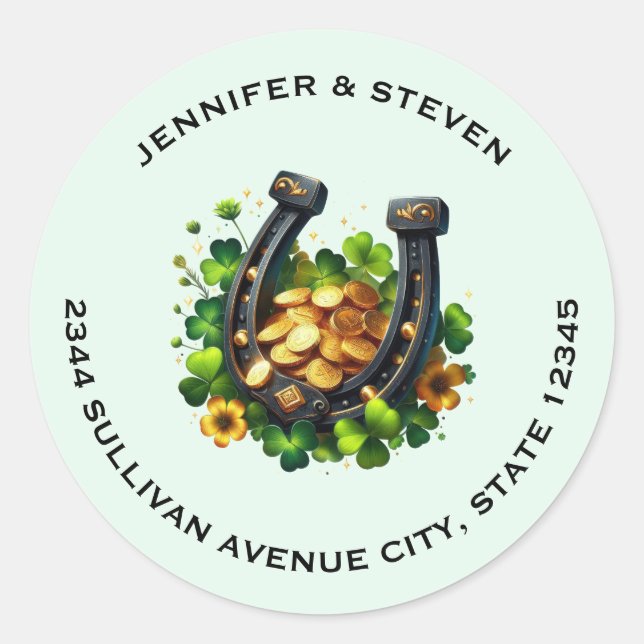 Lucky Horseshoe Gold Coins and Clover Address Classic Round Sticker (Front)