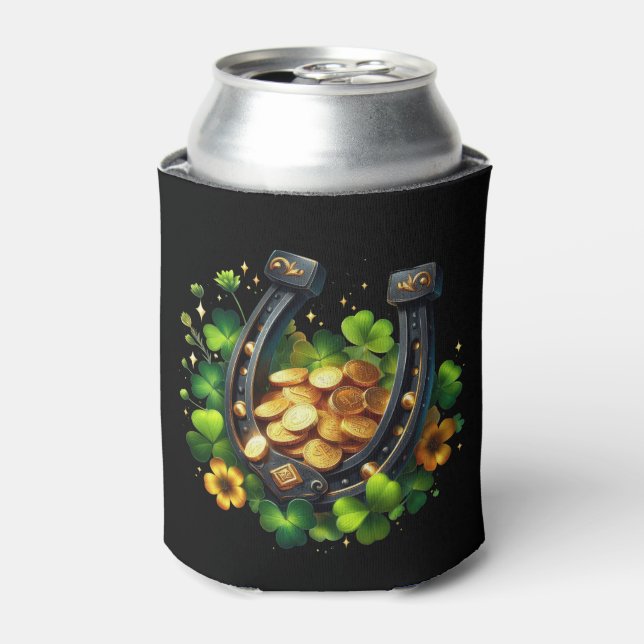 Lucky Horseshoe Gold Coins and Clover Can Cooler (Can Front)