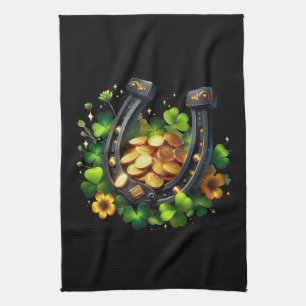 Lucky Horseshoe Gold Coins and Clover Kitchen Towel