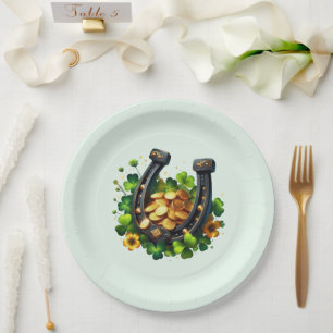 Lucky Horseshoe Gold Coins and Clover Paper Plate