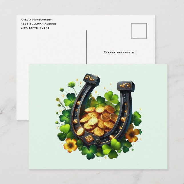 Lucky Horseshoe Gold Coins and Clover Postcard (Front/Back)