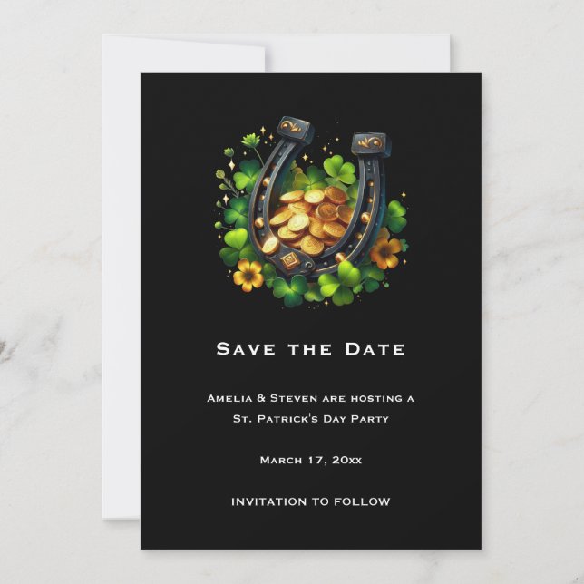 Lucky Horseshoe Gold Coins and Clover Save The Date (Front)