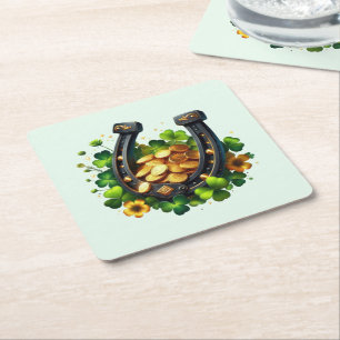 Lucky Horseshoe Gold Coins and Clover Square Paper Coaster