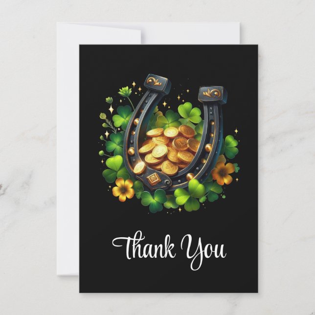 Lucky Horseshoe Gold Coins and Clover Thank You Card (Front)