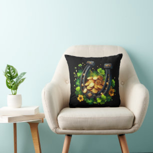 Lucky Horseshoe Gold Coins and Clover Throw Pillow