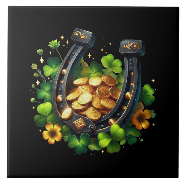 Lucky Horseshoe Gold Coins and Clover Tile (Front)