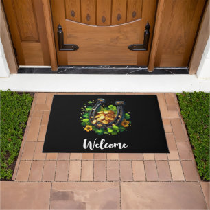 Lucky Horseshoe Gold Coins and Clover Welcome Doormat