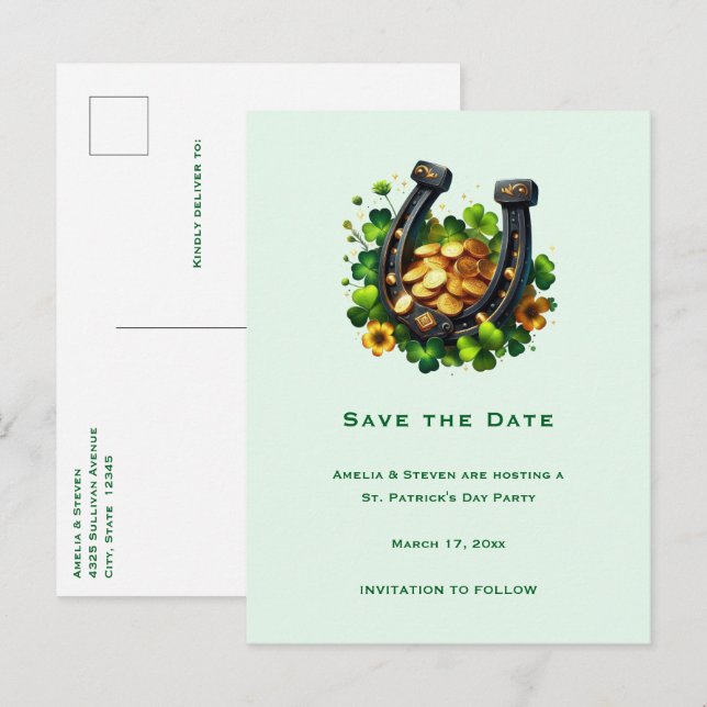 Lucky Horseshoe & Gold Coins St. Patrick's Day Announcement Postcard (Front/Back)