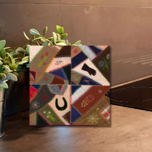 Lucky Horseshoe Vintage Crazy Quilt Ceramic Tile