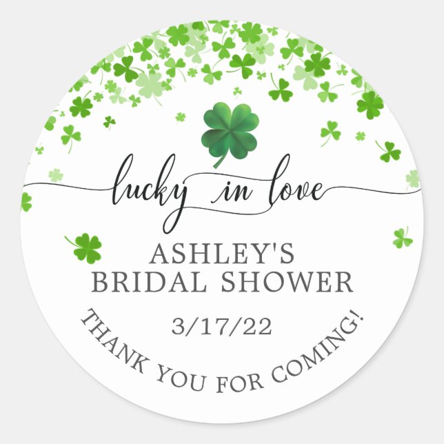 Lucky in Love 4 Leaf Clover Bridal Shower  Classic Round Sticker (Front)