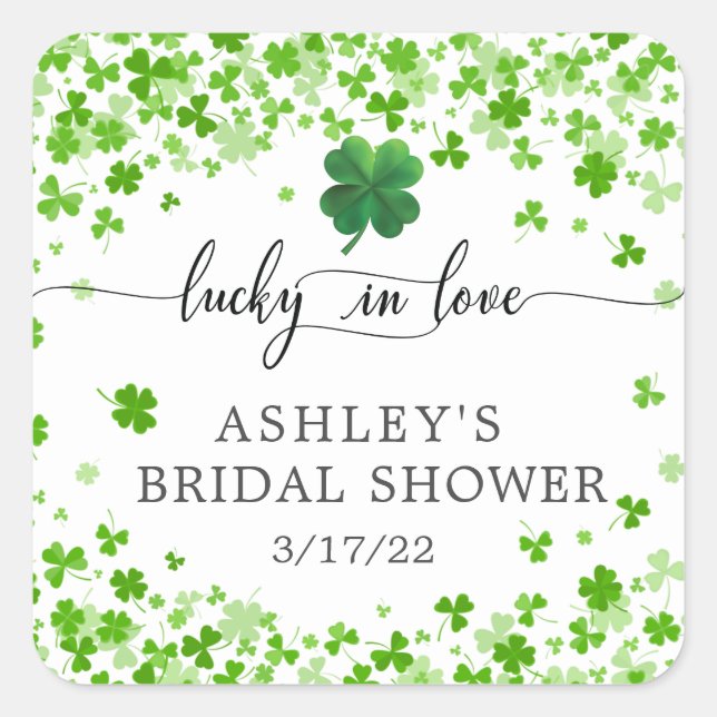 Lucky in Love 4 Leaf Clover Bridal Shower  Square Sticker (Front)