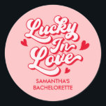 Lucky In Love Bachelorette Party Favour Classic Round Sticker<br><div class="desc">Celebrate with a Personalized Lucky In Love Bachelorette Party Favour Classic Round Sticker! Perfect for a drunk in love vibe, this sticker complements any drunk in love bachelorette theme. Ideal for a lucky in love bachelorette party, Vegas bachelorette party, or a red and pink bachelorette party theme. Say kiss the...</div>