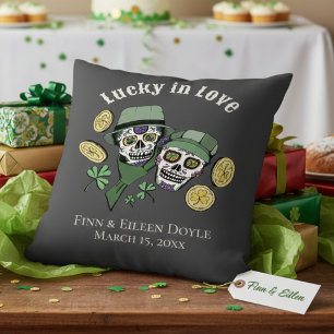 Lucky In Love Black Irish Sugar Skulls Newlywed Throw Pillow