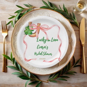 Lucky in love clover leaf bow ribbon bridal shower paper plate