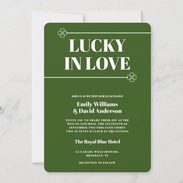 Lucky in Love Green Four Leaf Modern Wedding  Invitation (Front)