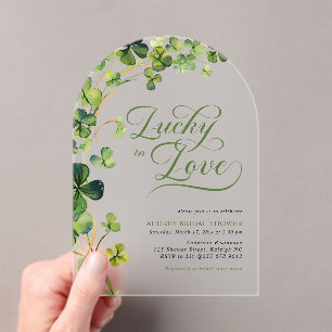 Lucky in Love Green Shamrock Bridal Shower Acrylic Invitations