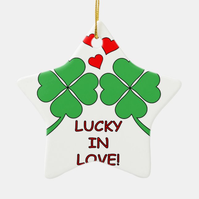 Lucky In Love Hearts Clover Ceramic Ornament (Front)
