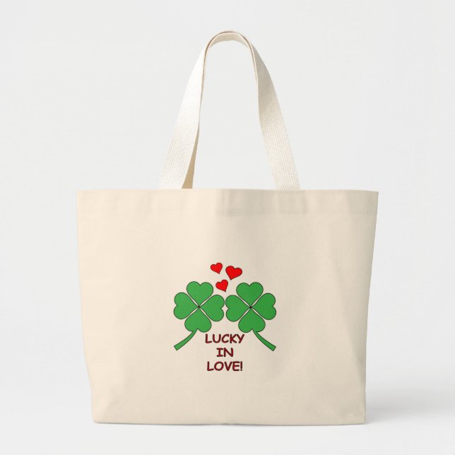 Lucky In Love Hearts Clover Large Tote Bag (Front)
