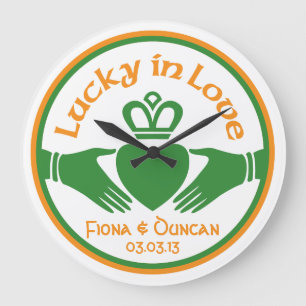 Lucky in Love Irish Claddagh Wedding Anniversary Large Clock