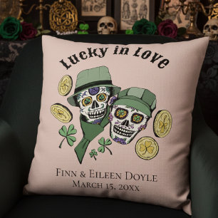 Lucky In Love Pink Irish Sugar Skulls Newlywed Throw Pillow